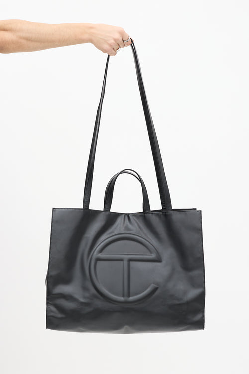 Telfar Black Leather Shopping Tote Bag