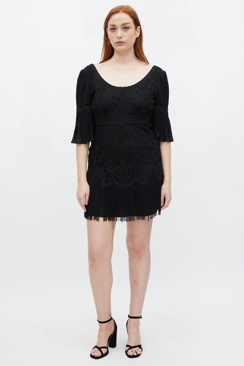 Temperley Black Embroidered Fringe Trimmed Dress