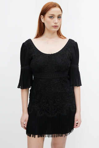 Temperley Black Embroidered Fringe Trimmed Dress