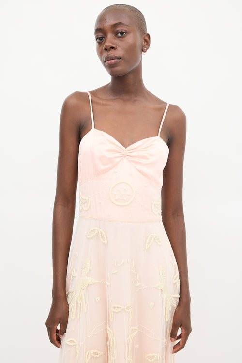 Temperley Pink 
Cream Tulle Embroidered Dress