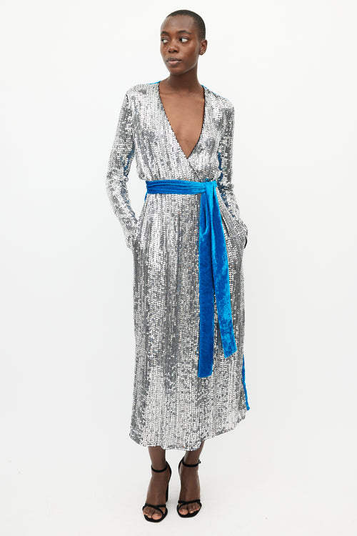 The Attico Silver 
Blue Sequin Velvet Wrap Dress