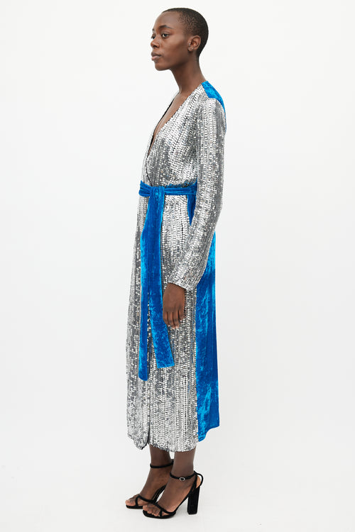 The Attico Silver 
Blue Sequin Velvet Wrap Dress