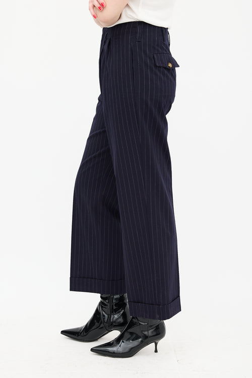 The Great. Navy Pinstripe Tradesman Trouser