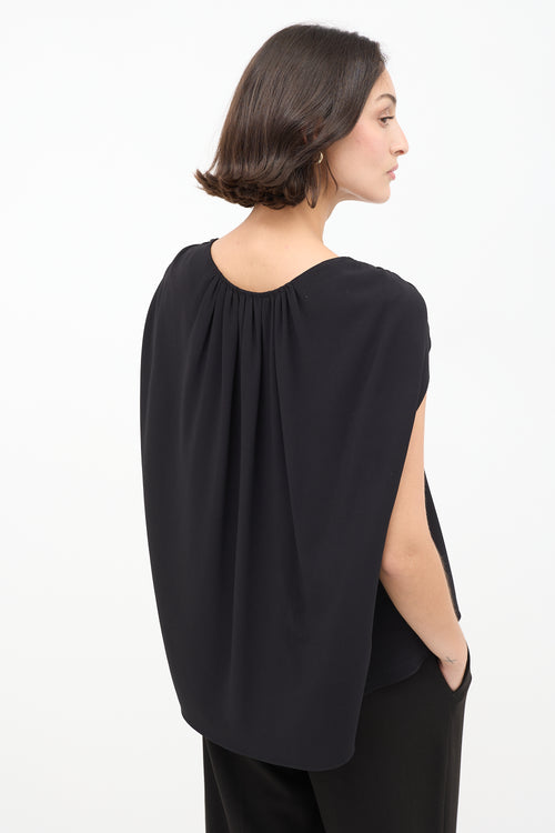 The Row Black Gathered Cape Short Sleeve Top