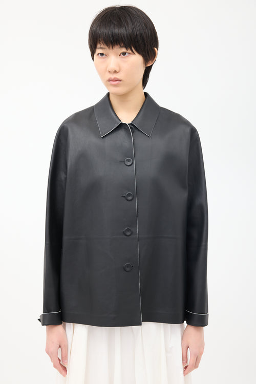 The Row Black Leather Frim Button Up Jacket