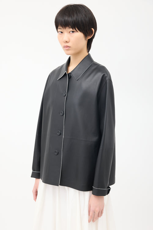 The Row Black Leather Frim Button Up Jacket