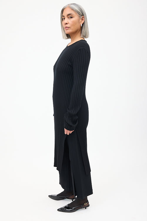 The Row Black Wool Ribbed Knit Midi Dress