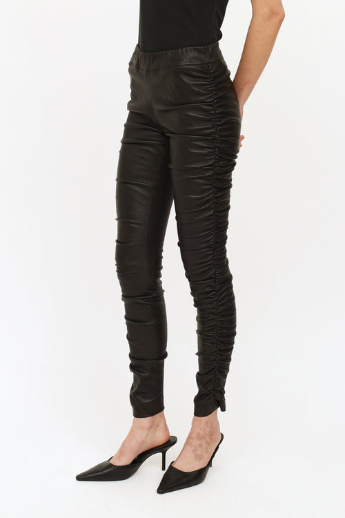 The Row Black Leather Ruched Leggings