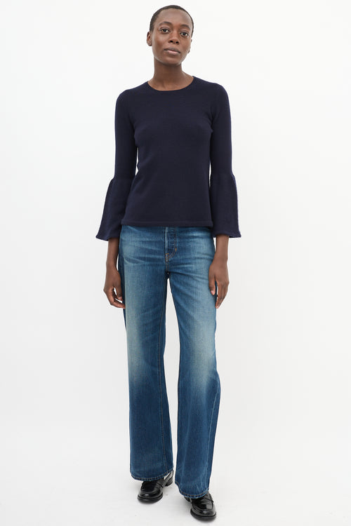 The Row Navy Cashmere 
Silk Knit Bell Sleeve Top