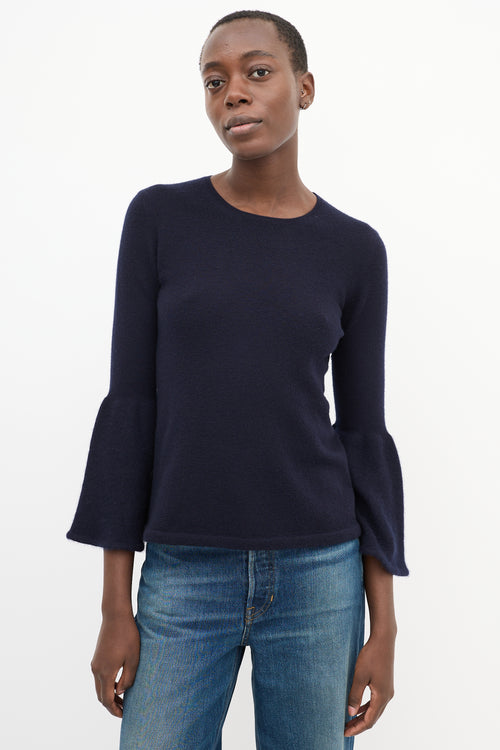 The Row Navy Cashmere 
Silk Knit Bell Sleeve Top