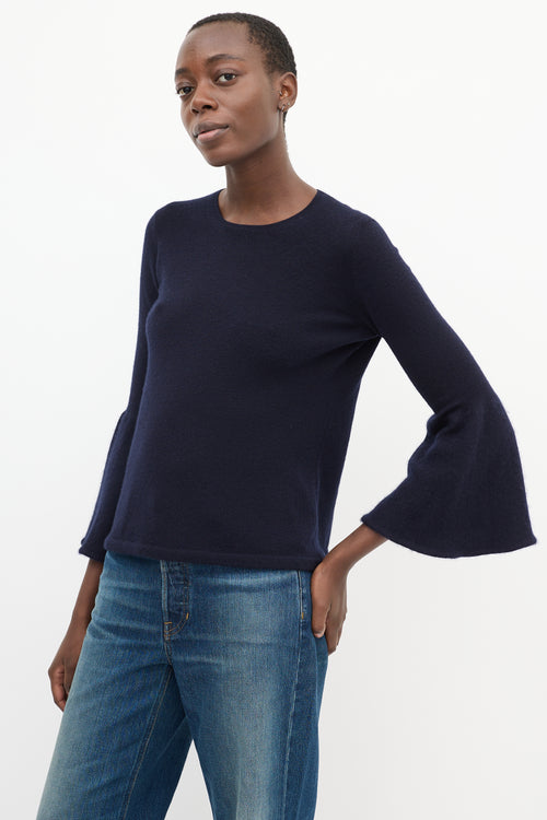 The Row Navy Cashmere 
Silk Knit Bell Sleeve Top