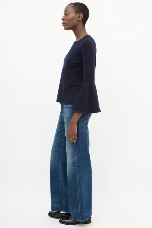 The Row Navy Cashmere 
Silk Knit Bell Sleeve Top