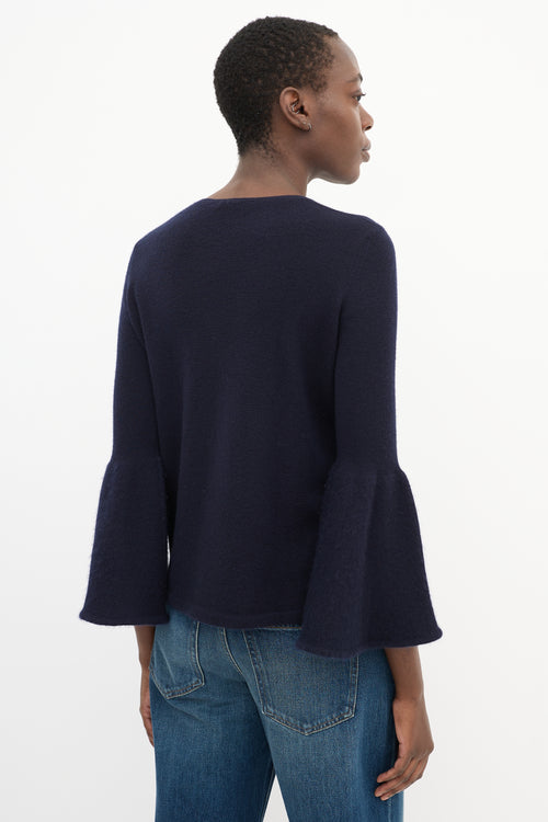 The Row Navy Cashmere 
Silk Knit Bell Sleeve Top