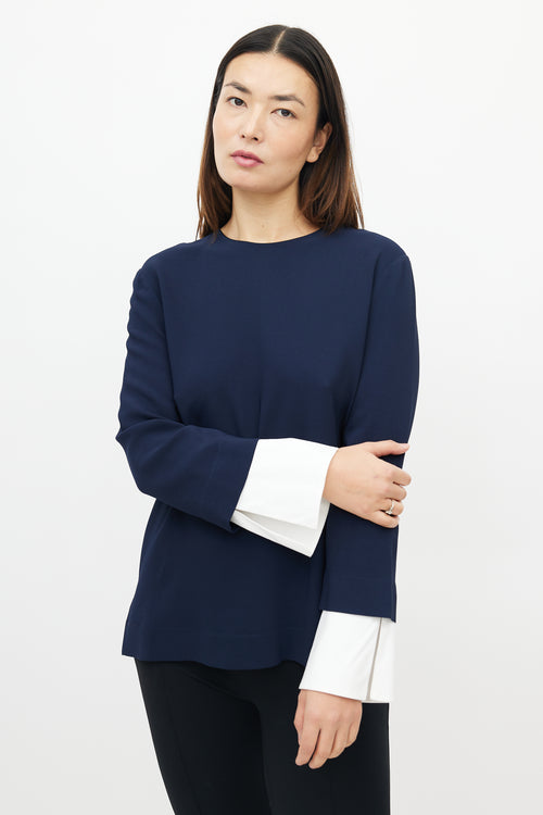 The Row Navy Cuff Sleeve Top