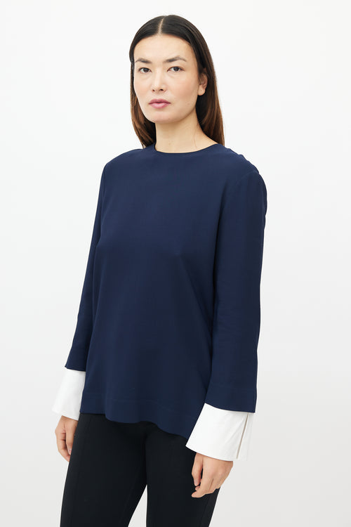 The Row Navy Cuff Sleeve Top