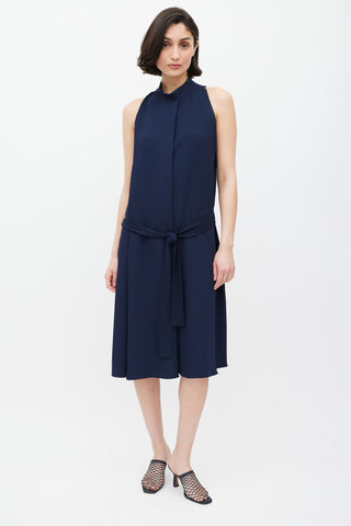 The Row Navy Mock Neck Belted Dress