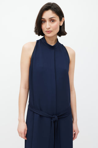 The Row Navy Mock Neck Belted Dress