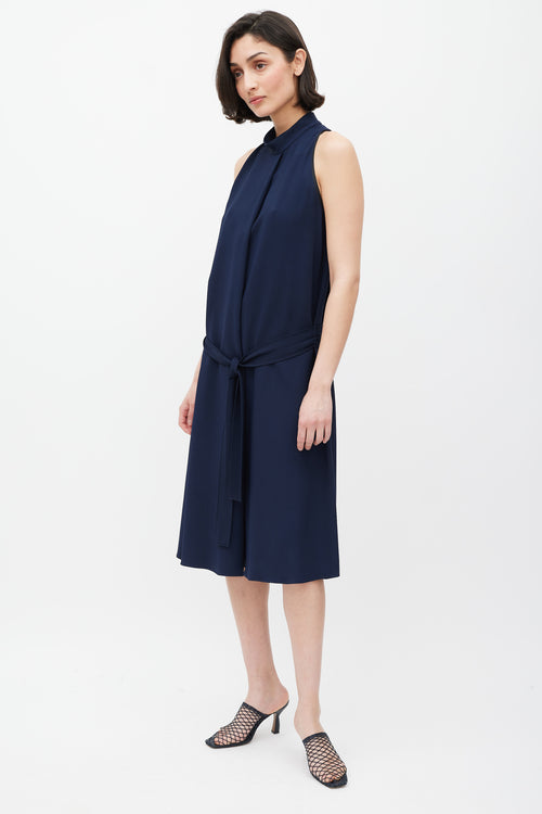 The Row Navy Mock Neck Belted Dress