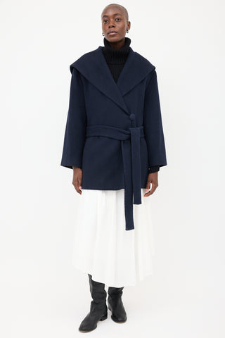 The Row Navy Rayna Hooded 
Belted Coat