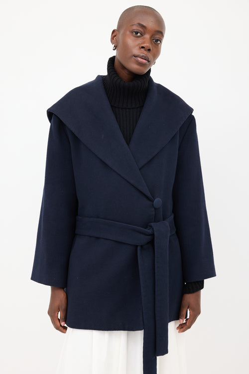 The Row Navy Rayna Hooded 
Belted Coat