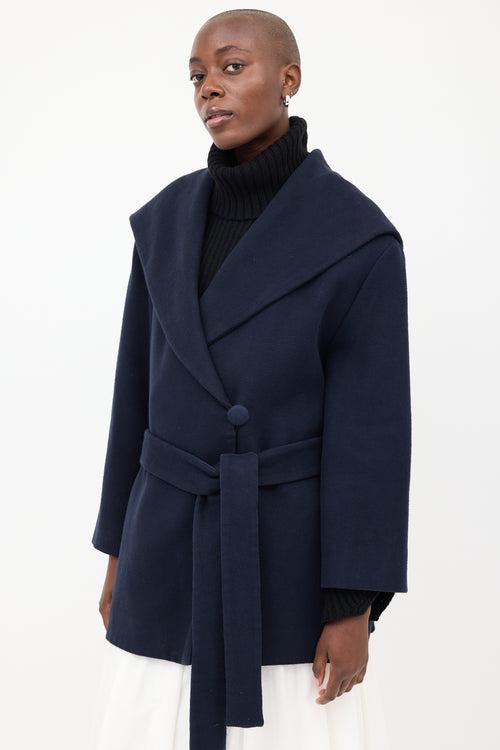 The Row Navy Rayna Hooded 
Belted Coat