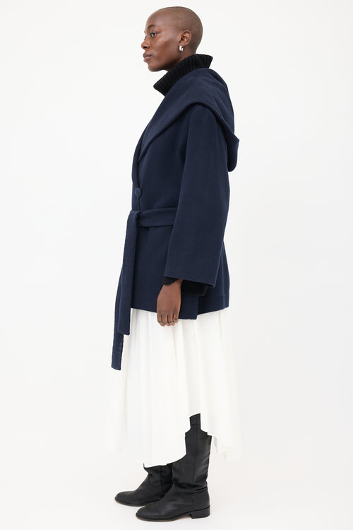 The Row Navy Rayna Hooded 
Belted Coat