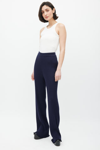 The Row Navy Silk Knit Ribbed Trouser