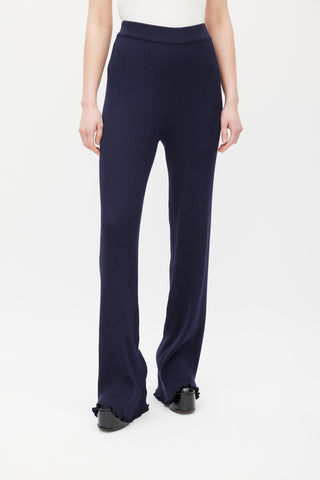 The Row Navy Silk Knit Ribbed Trouser