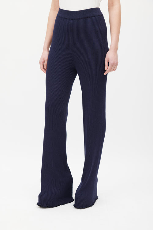 The Row Navy Silk Knit Ribbed Trouser