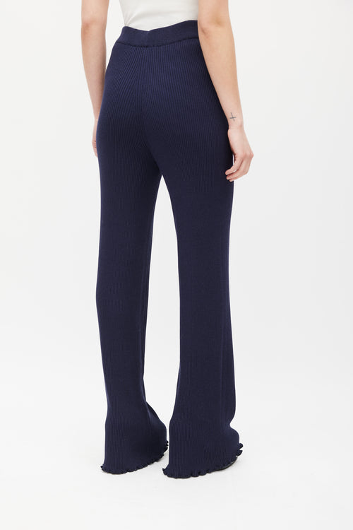 The Row Navy Silk Knit Ribbed Trouser