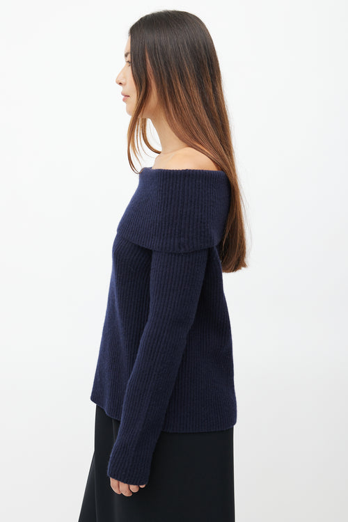 The Row Navy Ribbed Cashmere Off The Shoulder Sweater