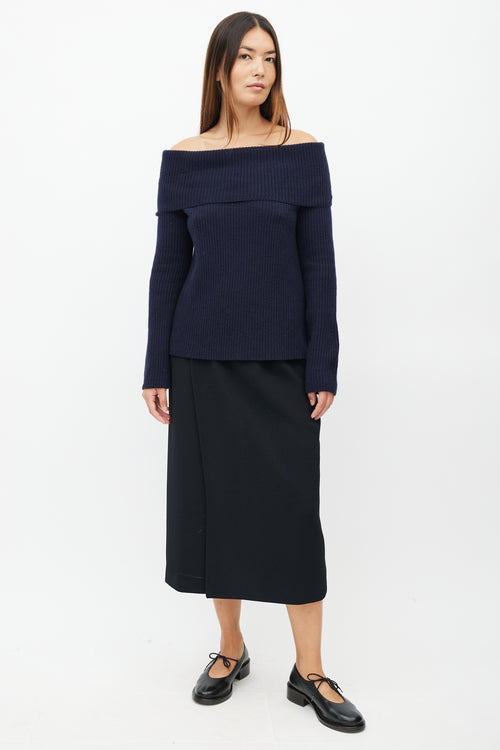 The Row Navy Ribbed Cashmere Off The Shoulder Sweater