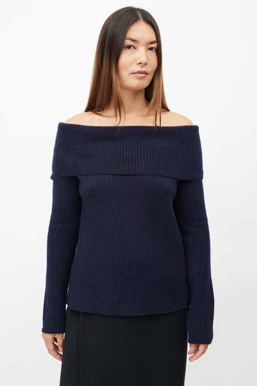 The Row Navy Ribbed Cashmere Off The Shoulder Sweater