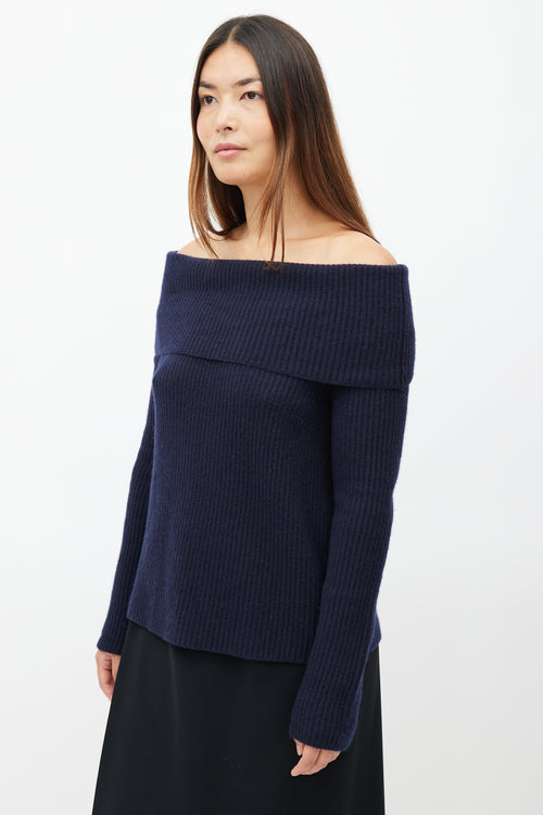 The Row Navy Ribbed Cashmere Off The Shoulder Sweater