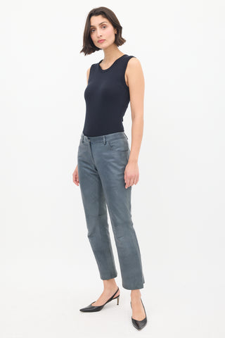 The Row Slate Grey Leather Straight Leg Trouser