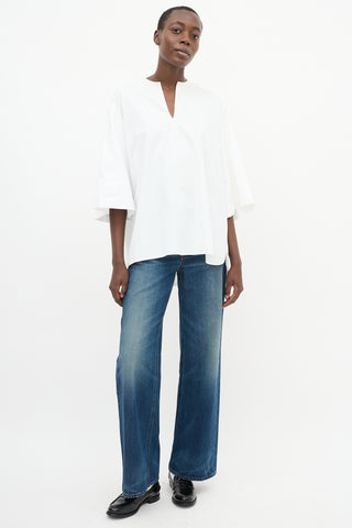 The Row White Cotton Wide Three Quarter Sleeve Top