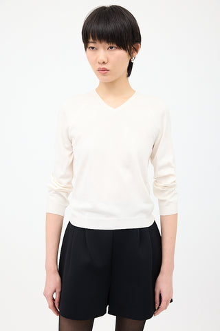 The Row White Silk Knit V-Neck Top