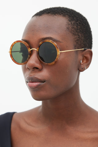 The Row X Linda Farrow Brown 
Gold Circular Sunglasses