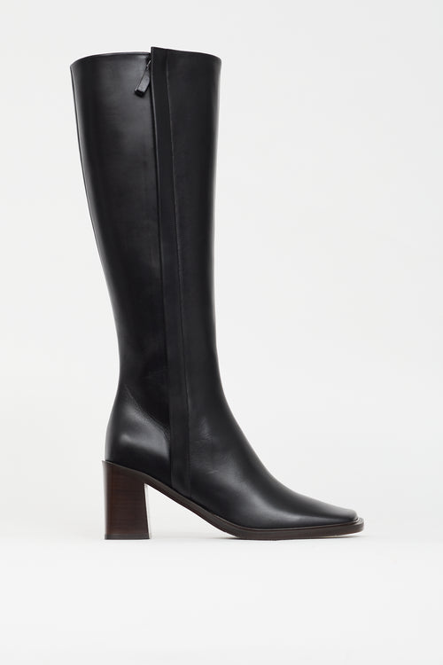 The Row Black Leather Patch Knee High Boot