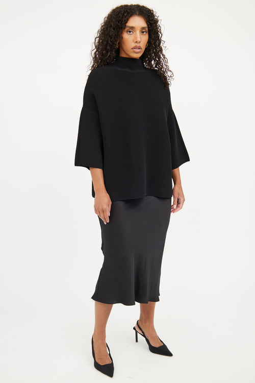 The Row Black Knit Pleated Mockneck  Top