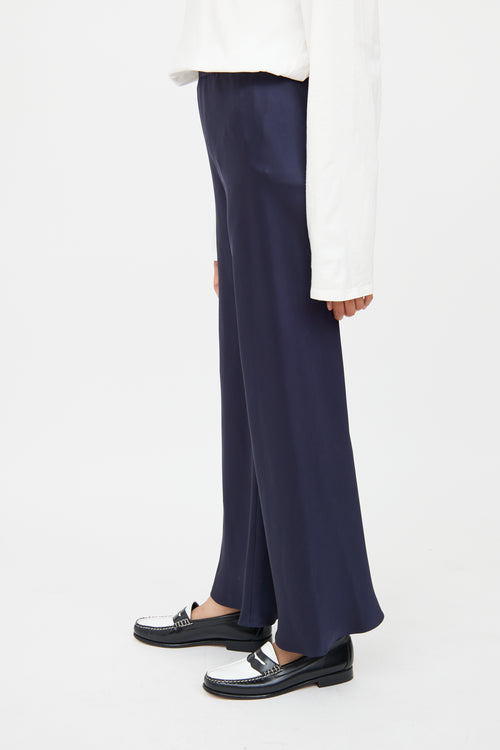 The Row Navy Silk Wideleg Pant