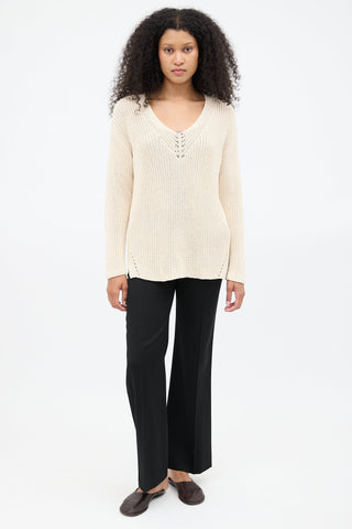 The Row Cream Knit V-Neck Sweater