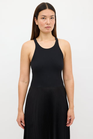 Theory Black Ribbed Knit 
Pleated Dress