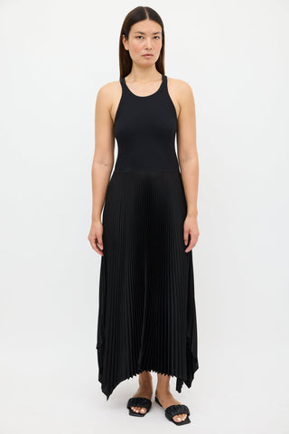 Theory Black Ribbed Knit 
Pleated Dress