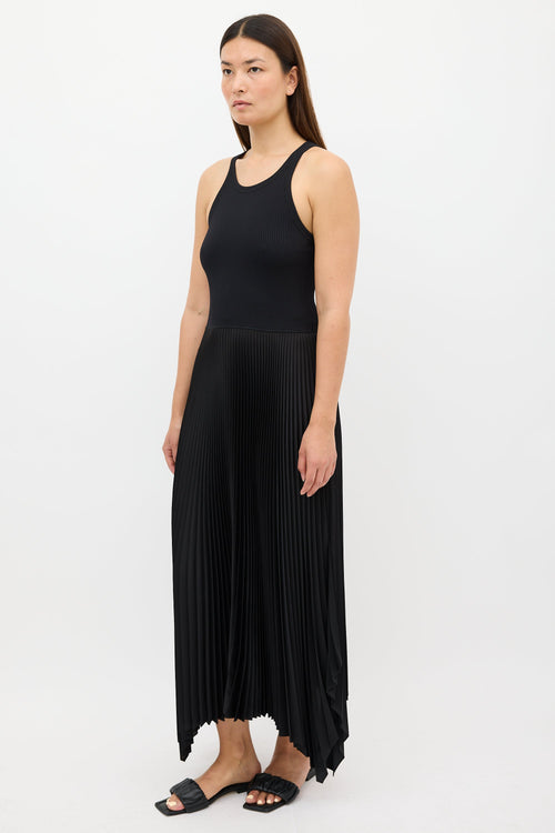 Theory Black Ribbed Knit 
Pleated Dress