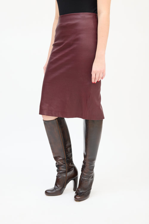 Theory Burgundy Leather Midi Pencil Skirt