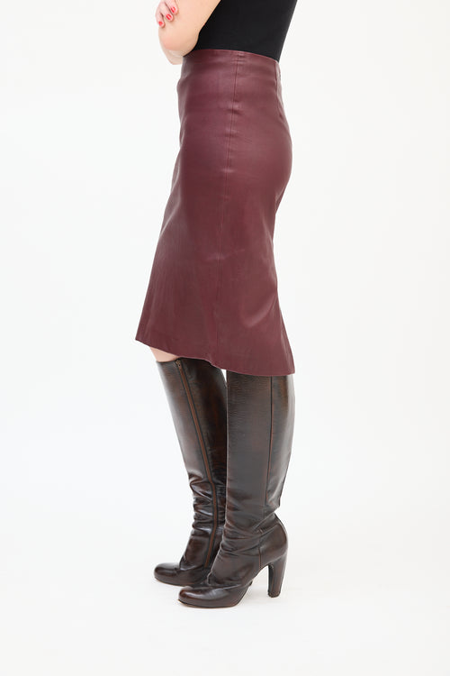 Theory Burgundy Leather Midi Pencil Skirt