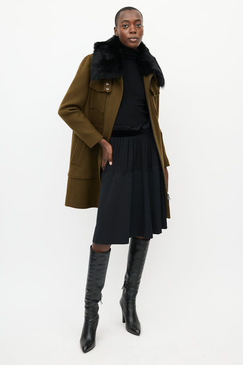 Theory Khaki Green 
Black Fur Collar Coat