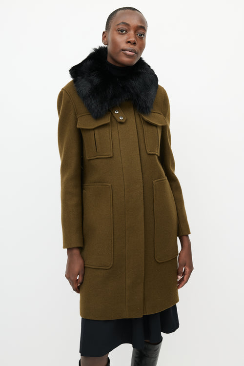 Theory Khaki Green 
Black Fur Collar Coat