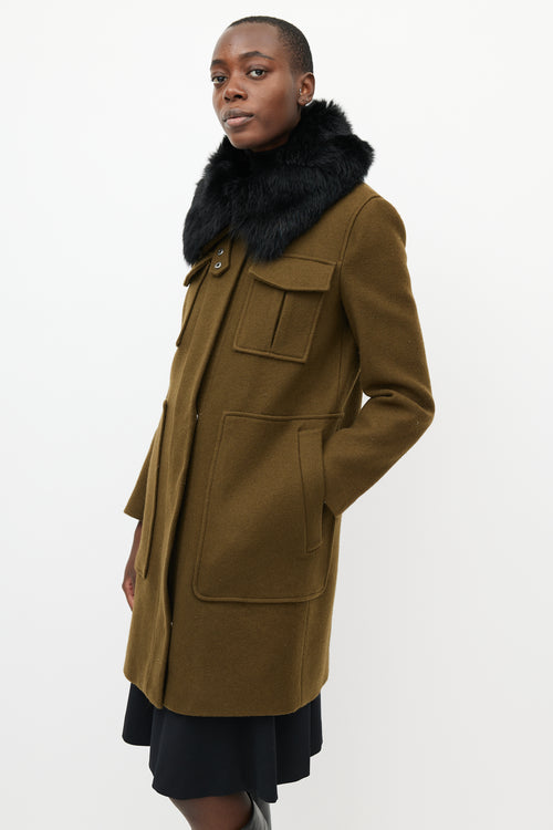 Theory Khaki Green 
Black Fur Collar Coat